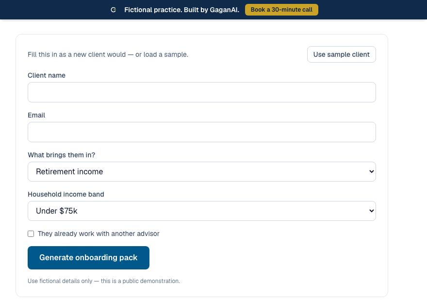 Recording of the demo onboarding flow: one intake form generating a welcome letter, checklist, CRM record, and email draft